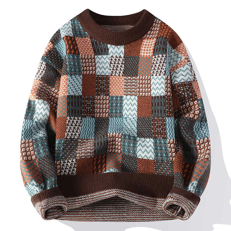 Women's patchwork knit sweater vintage multi-texture crew neck pullover in warm mixed tones