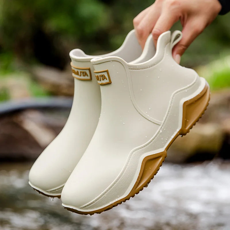 Women's waterproof slip-on outdoor boots in neutral tones, lightweight adventure-ready pull-on design