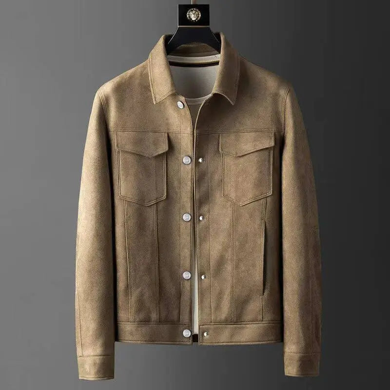Men's slim fit suede jacket with polo neck collar, rich faded natural finish for year-round wear