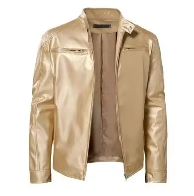 Men's black slim fit PU leather motorcycle jacket with wind-resistant stand collar