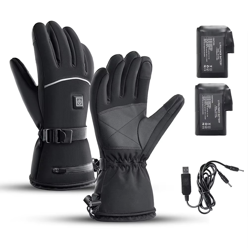 Black heated motorcycle gloves waterproof thermal touchscreen battery-powered for winter riding