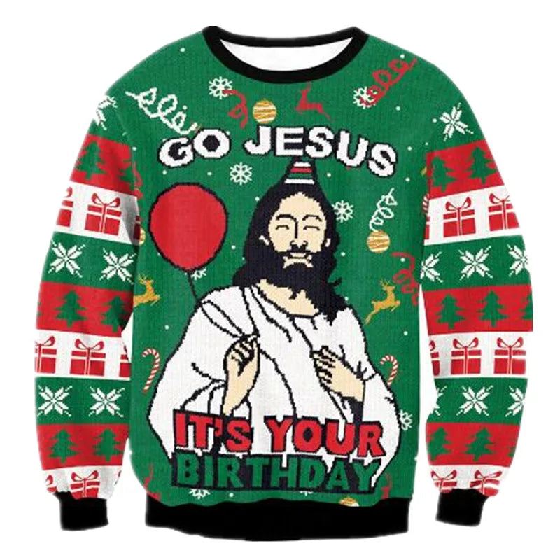 Men's funny Christmas knit sweater with humorous Jesus Birthday festive holiday design in classic colors