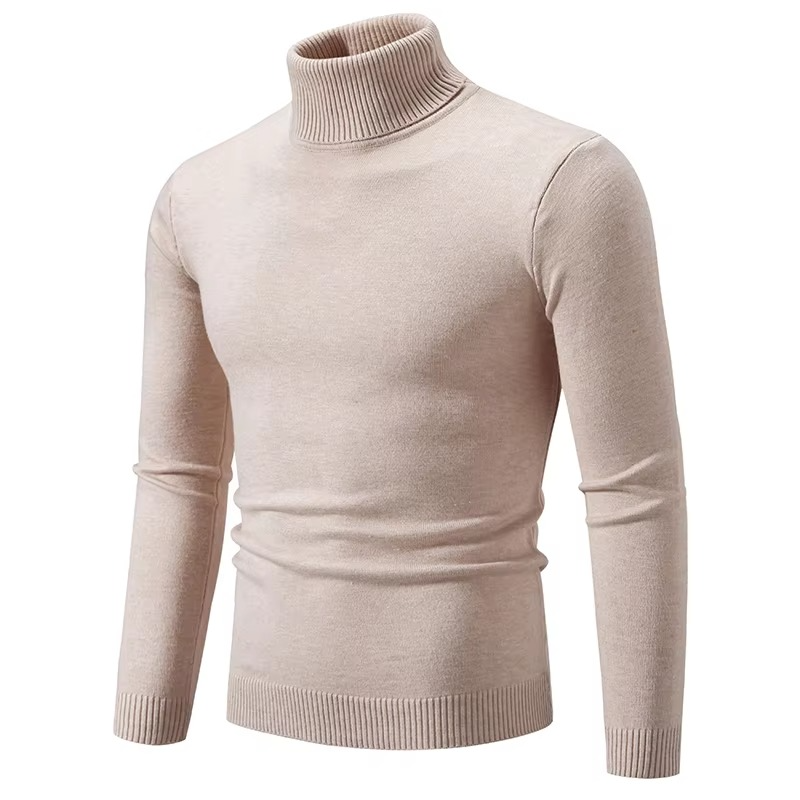 Men's slim fit turtleneck sweater in thick knit acrylic blend, warm winter essential with ribbed collar