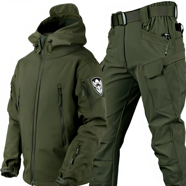 Men's tactical windbreaker and pants set, weather-resistant outdoor outfit with multiple pockets