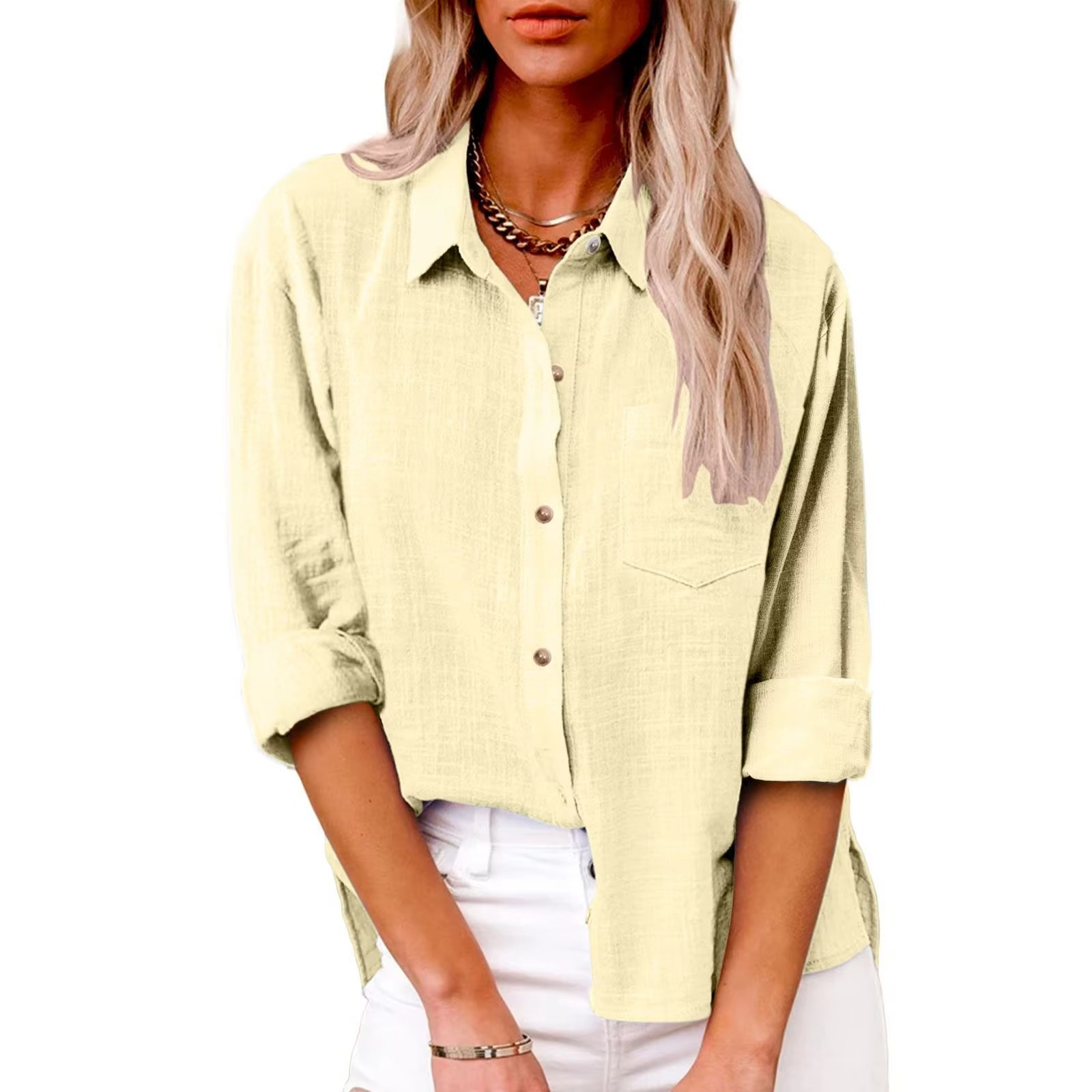 Women's white cotton linen long sleeve casual blouse, breathable lightweight spring top with relaxed fit