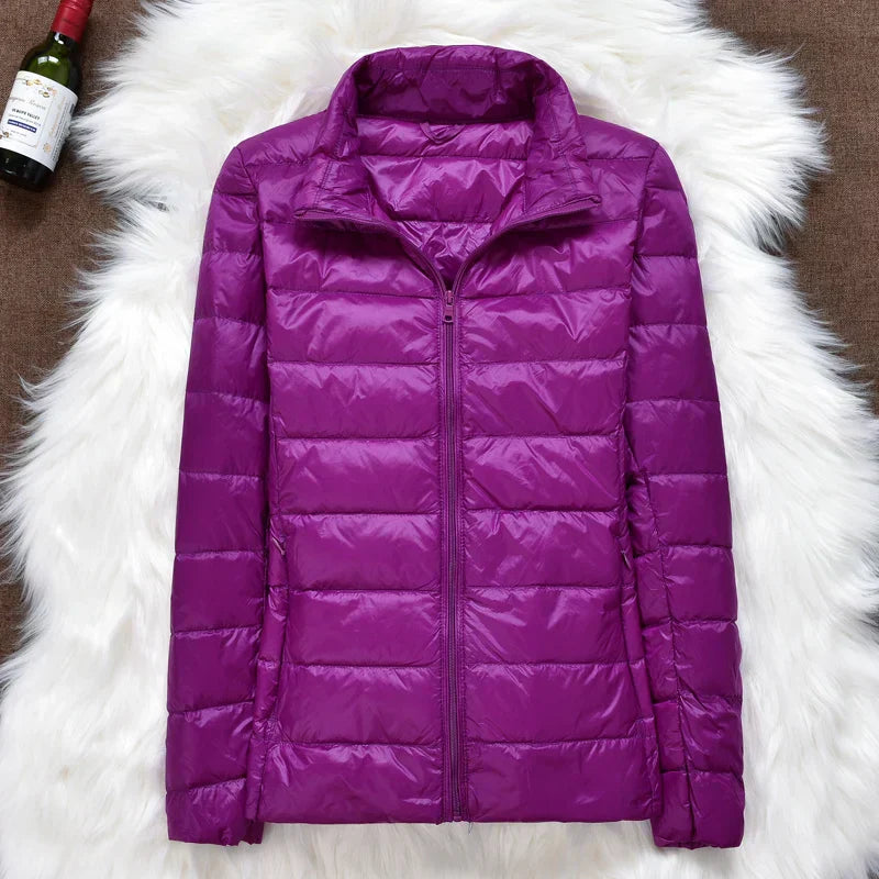 Women's taupe ultralight long packable down jacket with hood, travel-ready everyday warmth