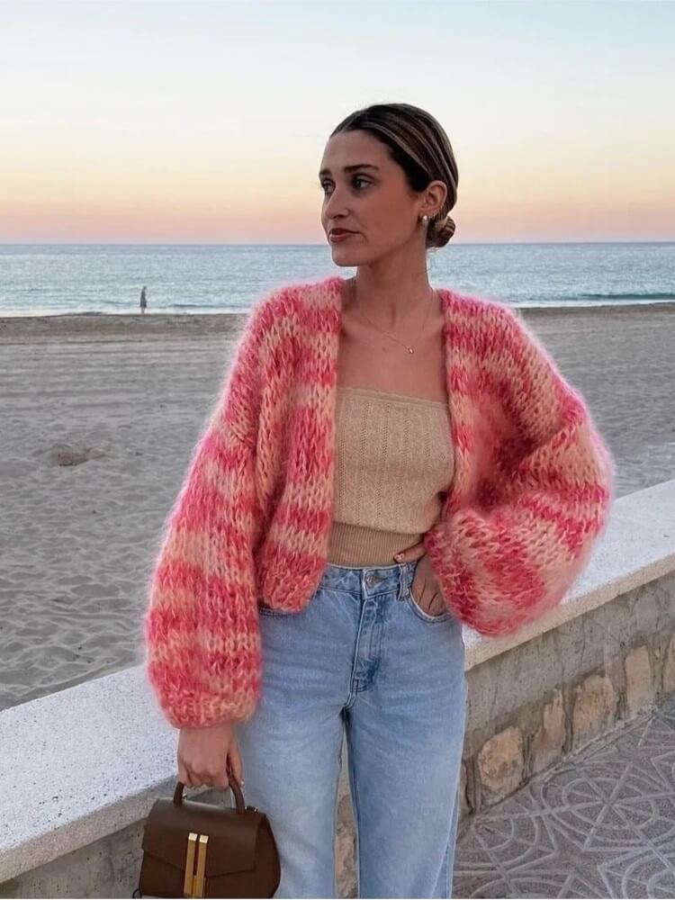 Women's multicolor knitted cardigan relaxed fit cozy layering essential with vibrant pattern