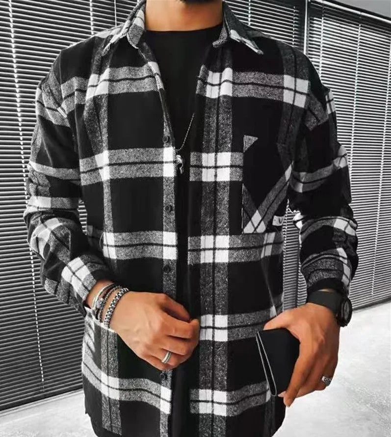 Men's blue and white check long sleeve shirt relaxed fit winter wardrobe essential