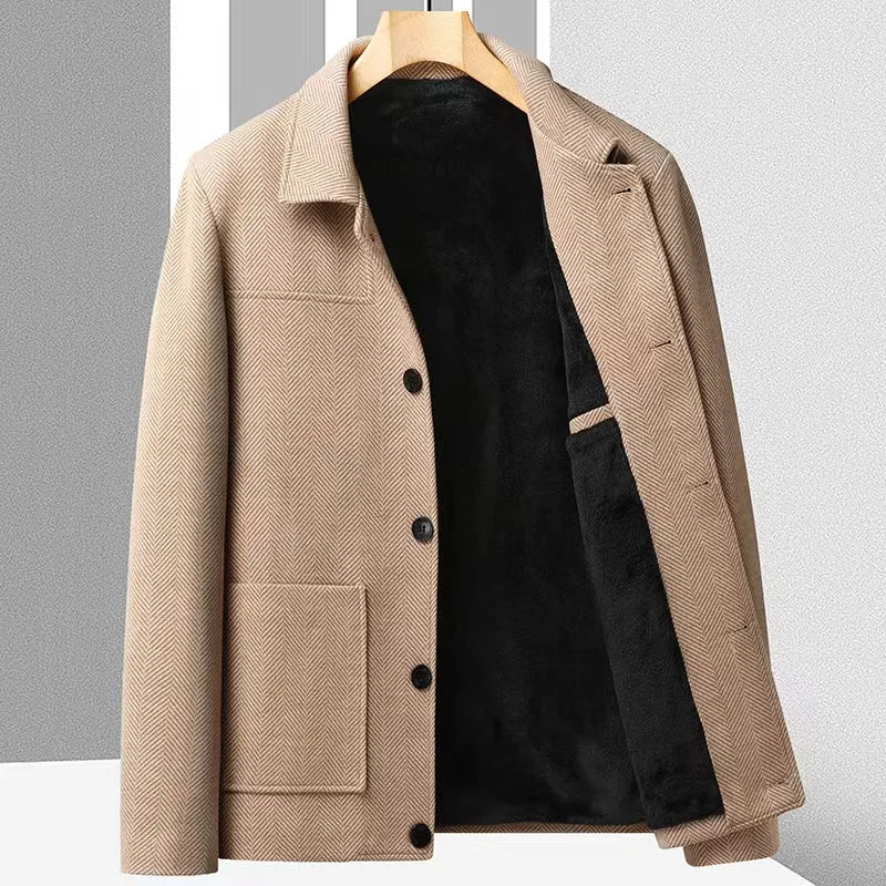 Men's herringbone short coat tailored fit lightweight with patch pockets and turndown collar
