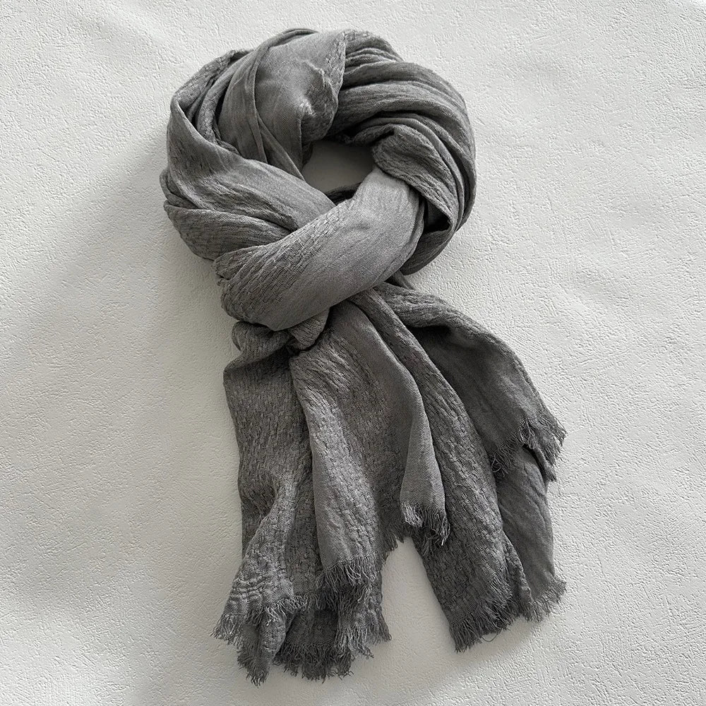 Lily linen long loose women's scarf, crinkled texture, frayed edges, relaxed everyday fall style