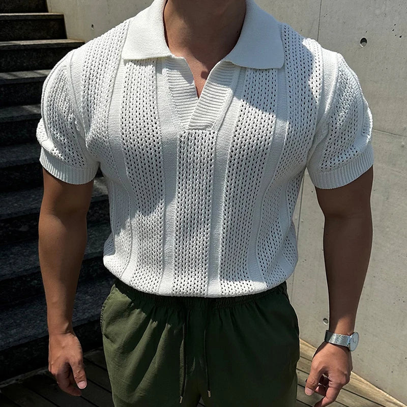 Men's slim fit mesh knit polo shirt vintage lapel lightweight breathable solid color summer top