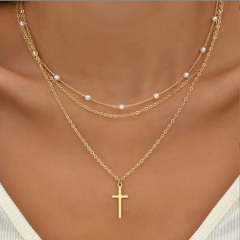 Lily gold three-layer bead chain necklace with delicate heart pendant, timeless stacked elegance
