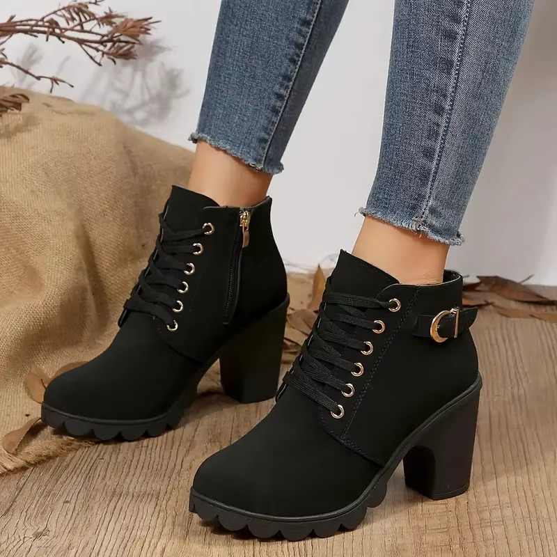 Women's black lace-up high heel boots with anti-slip soles, sleek PU upper, autumn winter style