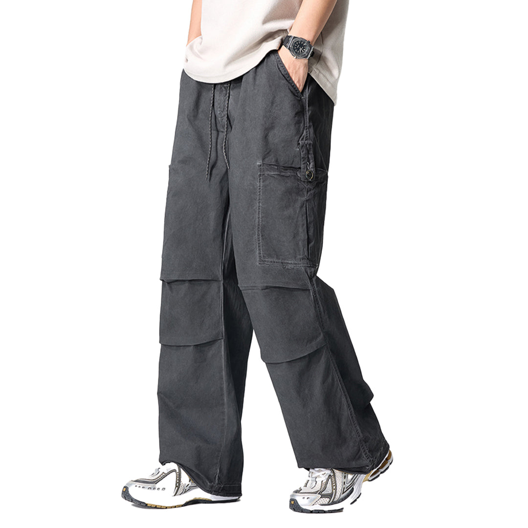 Men's lightweight cotton cargo trousers relaxed fit with elastic drawstring waist and multi-pocket