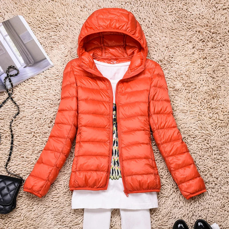 Women's taupe ultralight long packable down jacket with hood, slim fit for travel