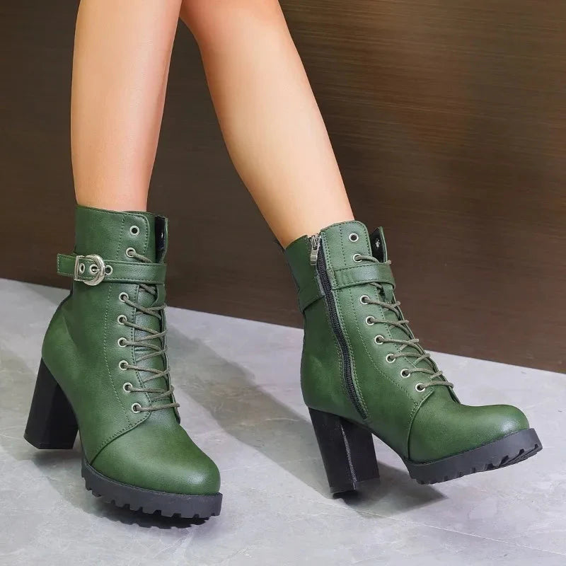 Women's black lace-up ankle boots block heel with dual zip closure, stylish everyday wear