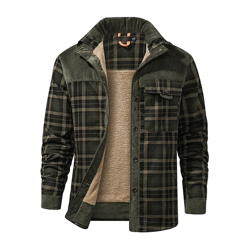 Men's plaid fleece-lined relaxed fit jacket with corduroy collar and button front hip length