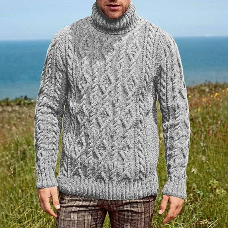 Men's ivory cable knit turtleneck sweater with diamond pattern and folded high neck