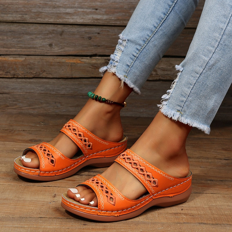Olive green orthopedic sandals women double strap embroidered supportive flat everyday comfort