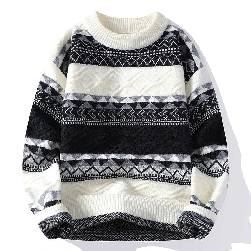 Women's retro geometric knit sweater in multicolor stripes, cozy pullover with vintage-inspired textured pattern