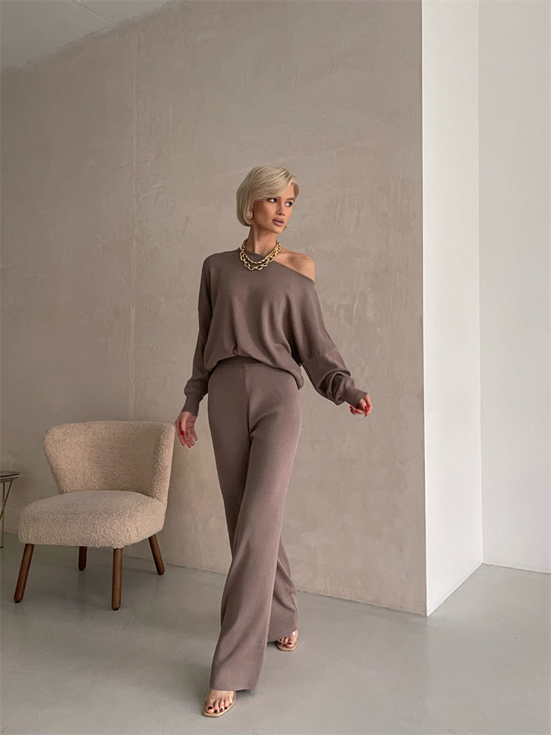 Women's cozy monochrome knit set, soft winter two-piece matching loungewear with relaxed fit