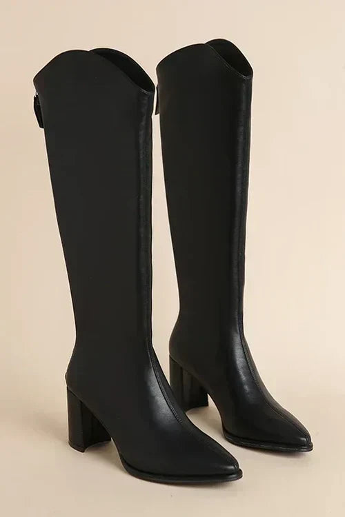 Women's Adele black leather knee-high boots with robust rubber sole, elegant winter footwear