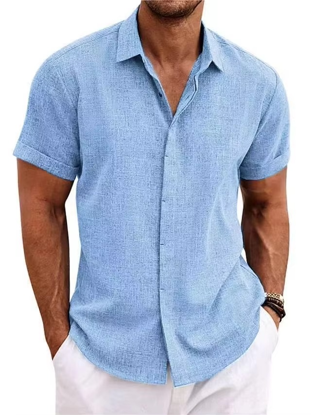 Men's short sleeve linen shirt lightweight breathable solid color classic collar summer comfort