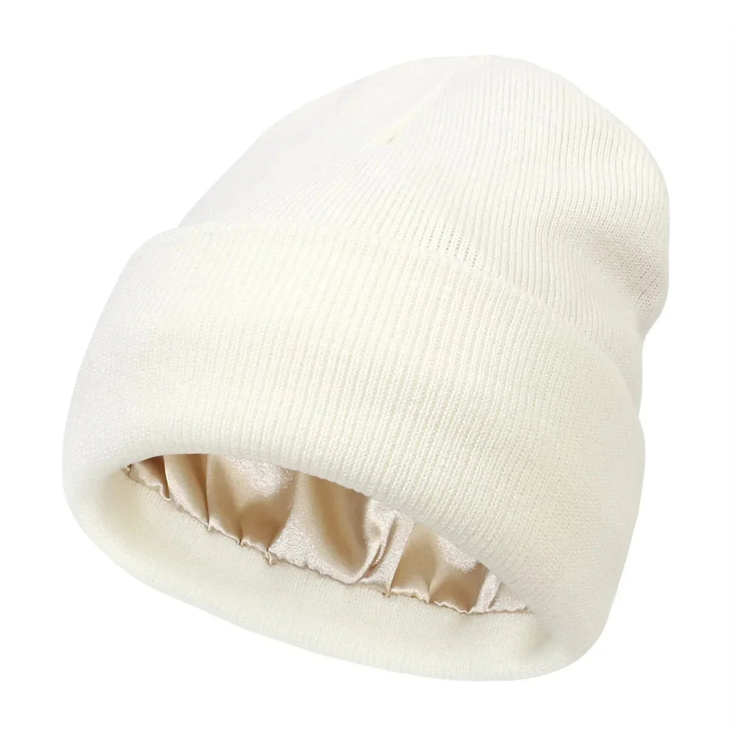 Sienna ribbed knit cuffed beanie with satin lining, unisex casual fall hat in warm neutral tone