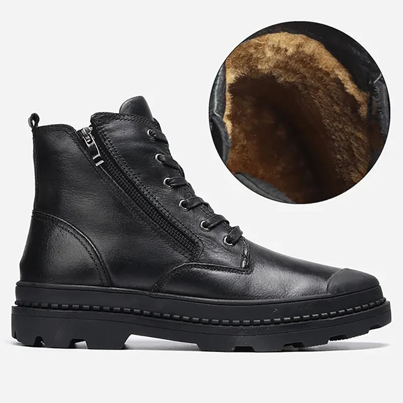 Men's vintage brown leather boots fur-lined insole side zip lace-up cushioned footbed rugged style