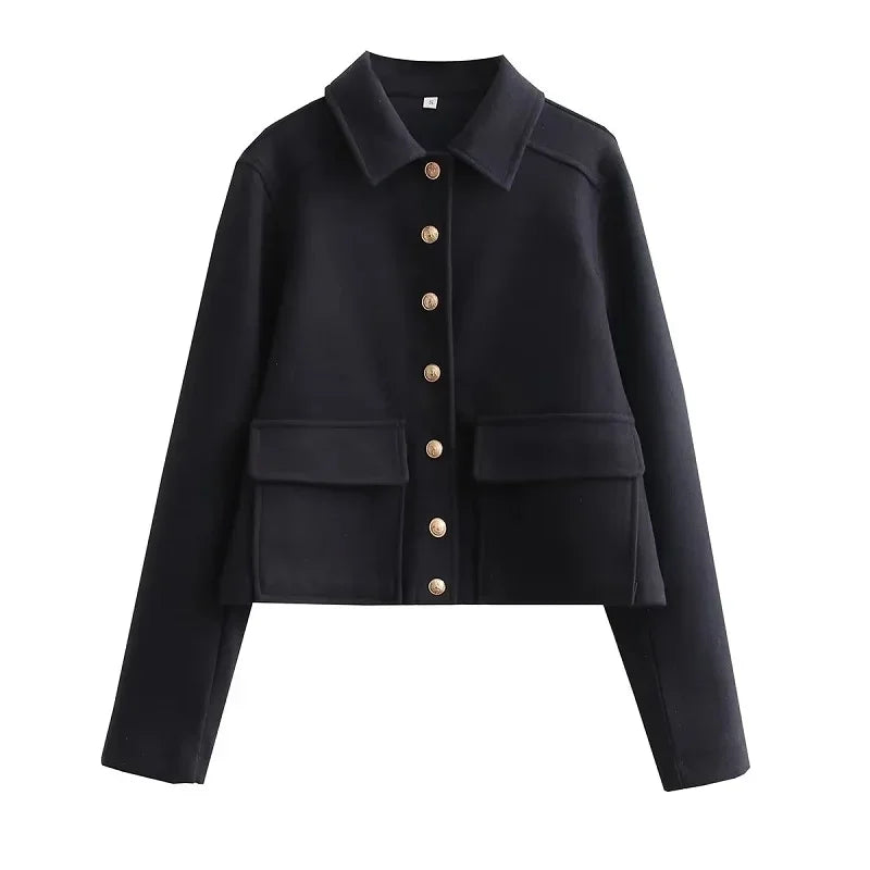 Women's cropped aviator bomber jacket with button front, structured fit, and oversized functional pockets