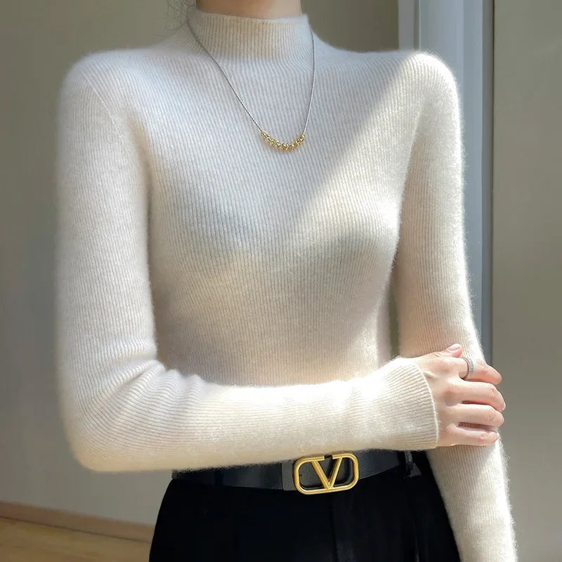 Women's slim fit ribbed mock neck sweater hip-length sleek everyday knit top