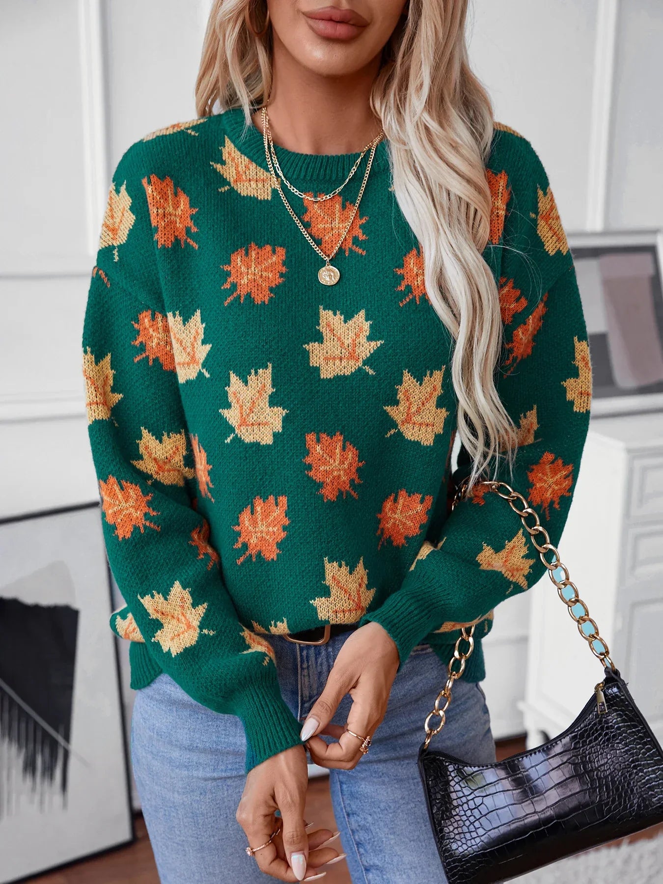 Women's burgundy knitted pullover sweater cozy autumn leaf motif woven soft transitional fall style