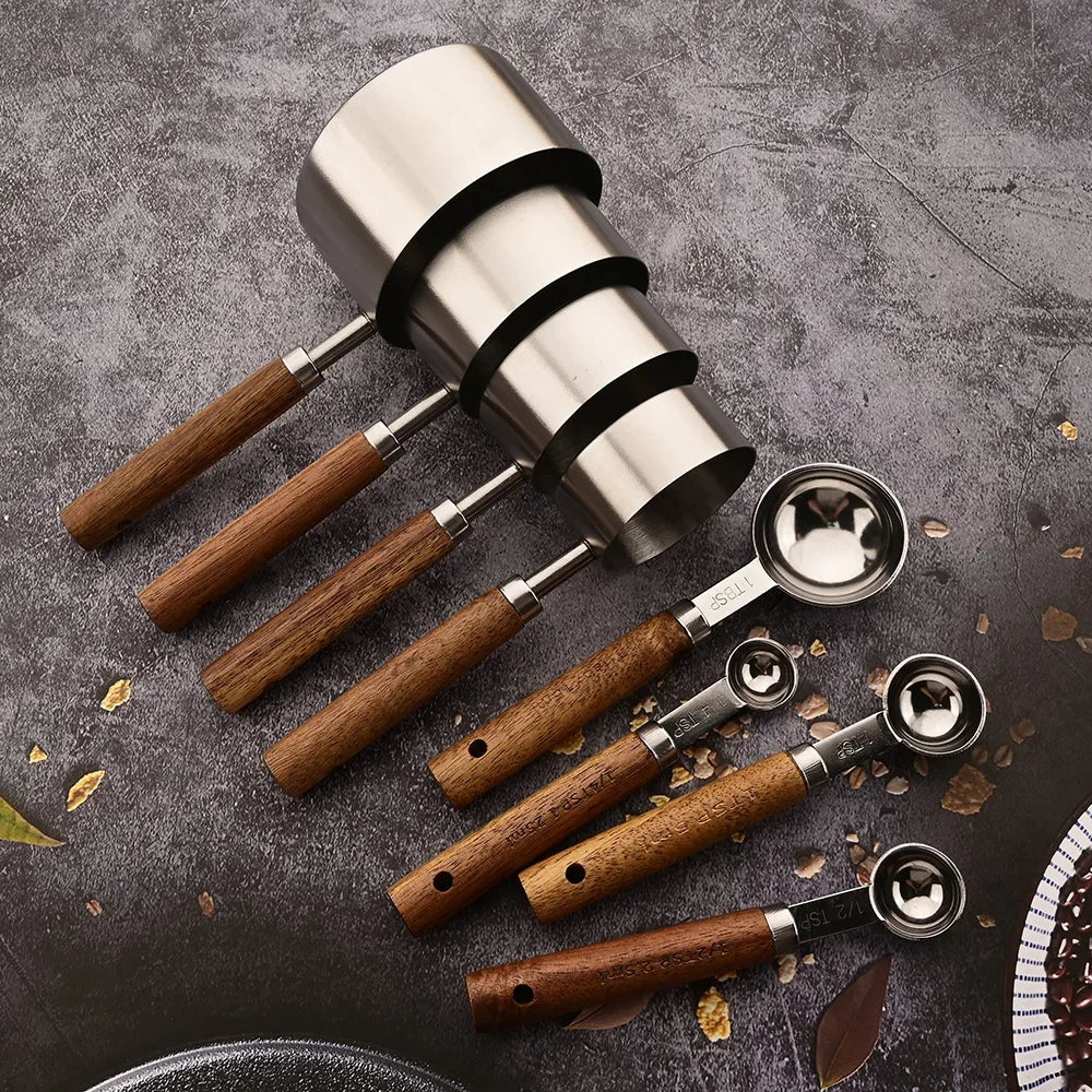 Timberware stainless steel measuring cup set wooden handles clear engraved measurements nesting design