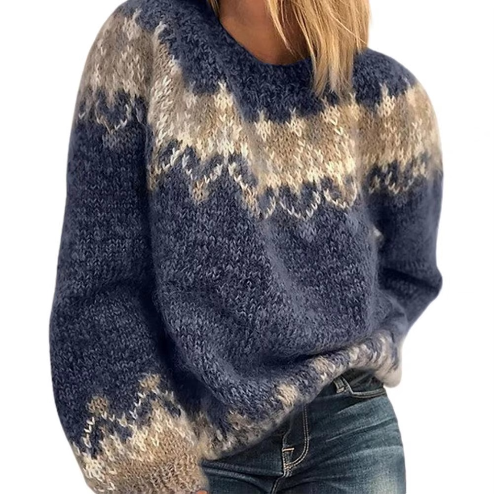 Women's oversized wool blend Fair Isle knit sweater with cozy round neck and Nordic pattern