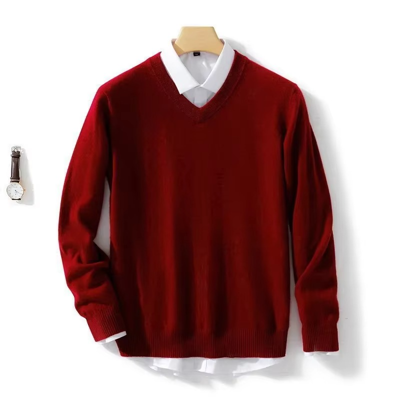 Men's wool blend V-neck sweater, lightweight casual knit pullover for winter layering in relaxed fit