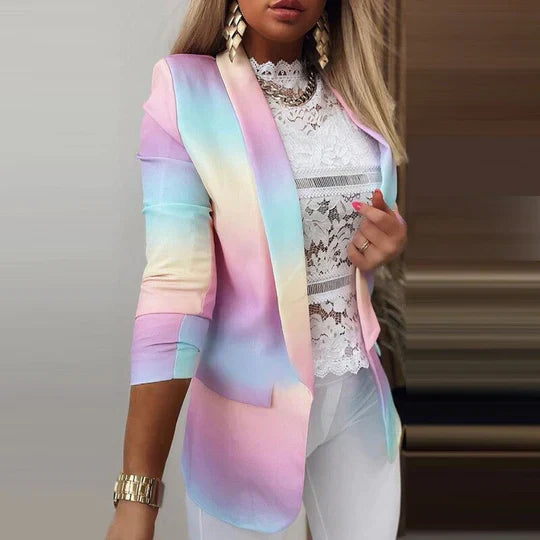 Women's tie-dye blazer long sleeve elegant polished cut bold multicolor pattern easy care