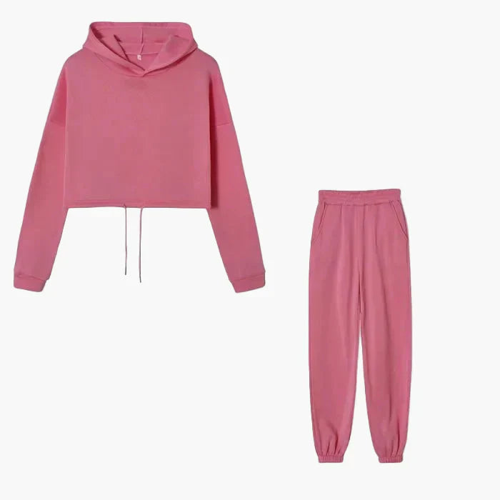 Women's two-piece lounge set cropped hoodie and joggers cozy streetwear coordinated matching outfit