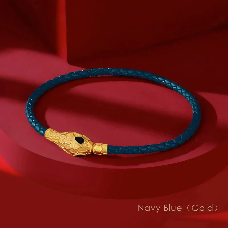 Bold handwoven leather bracelet with gold serpent clasp, braided unisex design by TrendAura