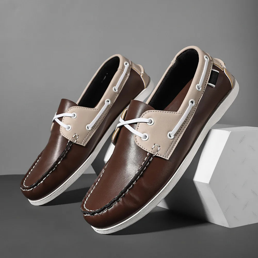 Men's two-tone navy boat shoes slip-on synthetic leather upper cushioned EVA foam sole