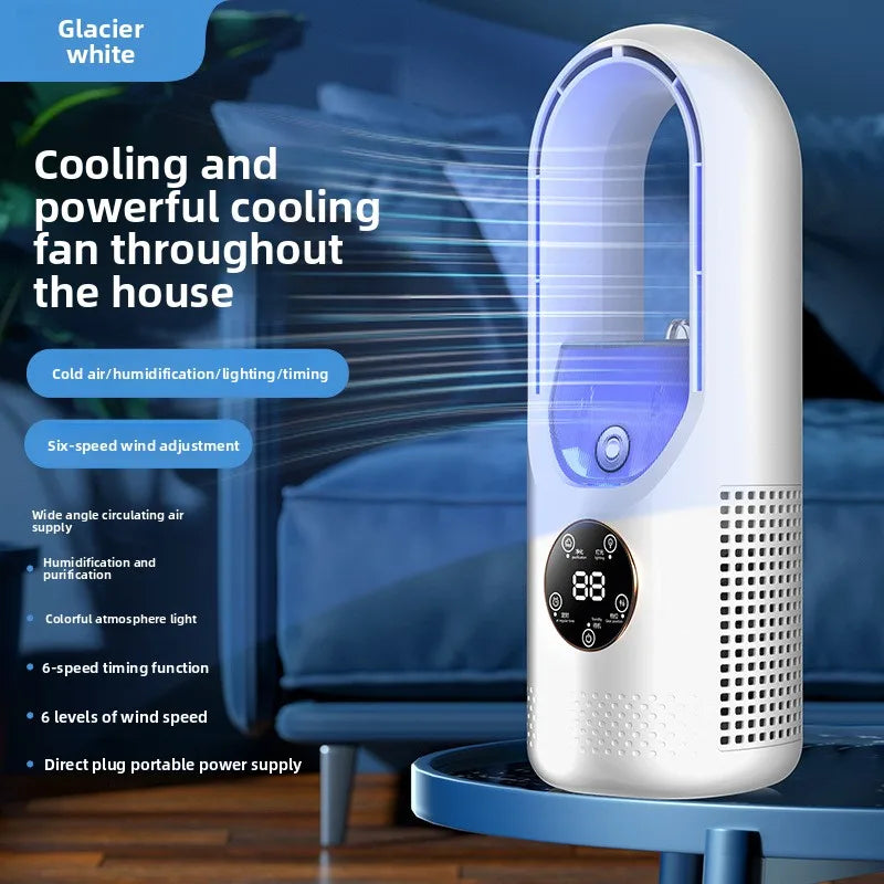 Portable bladeless fan with RGB light, built-in humidifier, wireless design for home and travel