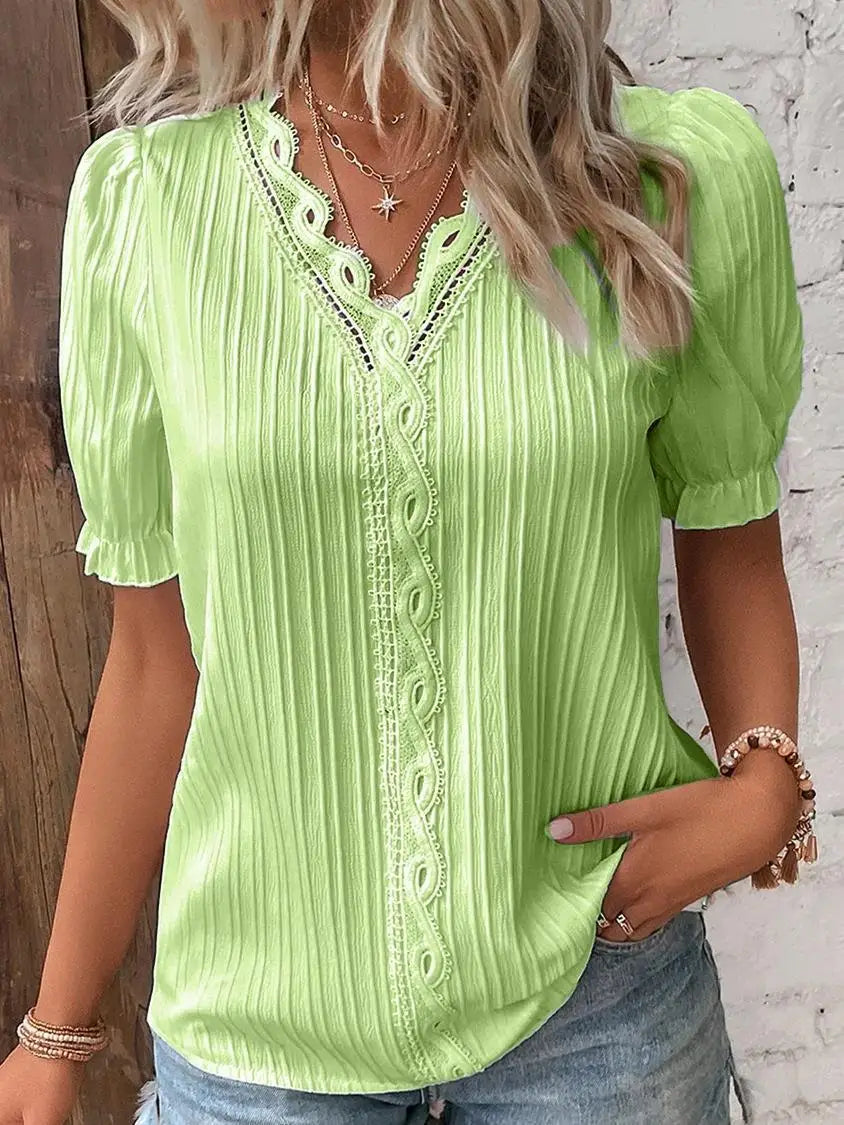 Women's white lace-trim V-neck blouse short sleeve lightweight elegant warm-weather top