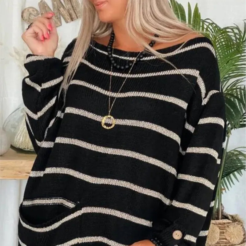 Women's oversized wool blend striped pullover sweater with front pocket, cozy long sleeve knit