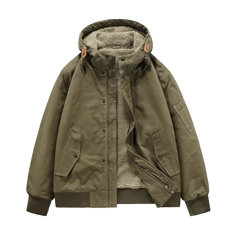 Oversized thermo utility hoodie full fleece lining detachable drawstring hood patch pockets outdoor