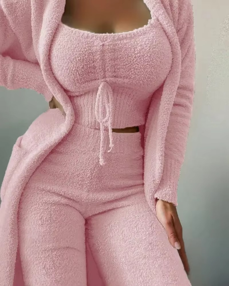 Women's 3-piece plush pajama set cozy crop top pants coat soft luxurious loungewear nightwear