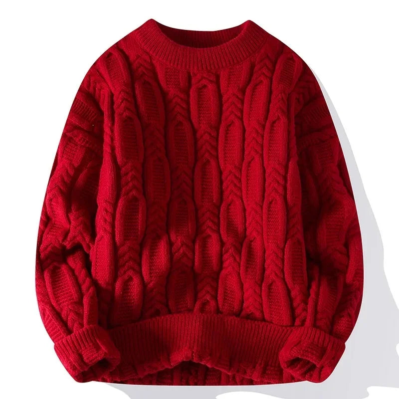 Unisex cable knit crewneck sweater with thick cable texture, warm and easy-layering style