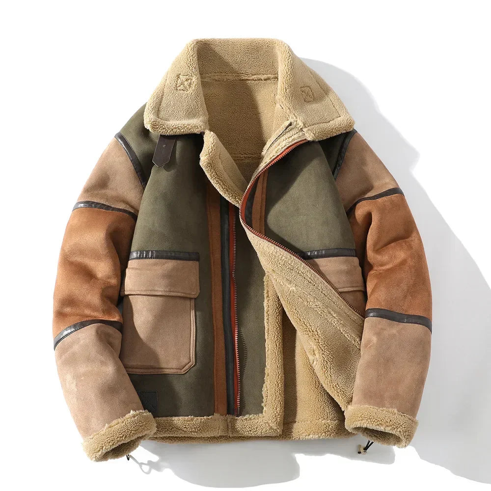 Men's cozy shearling patchwork jacket relaxed hip-length fit with collared neckline winter outerwear