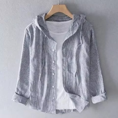 Men's relaxed fit hooded cotton linen shirt lightweight breathable casual summer style