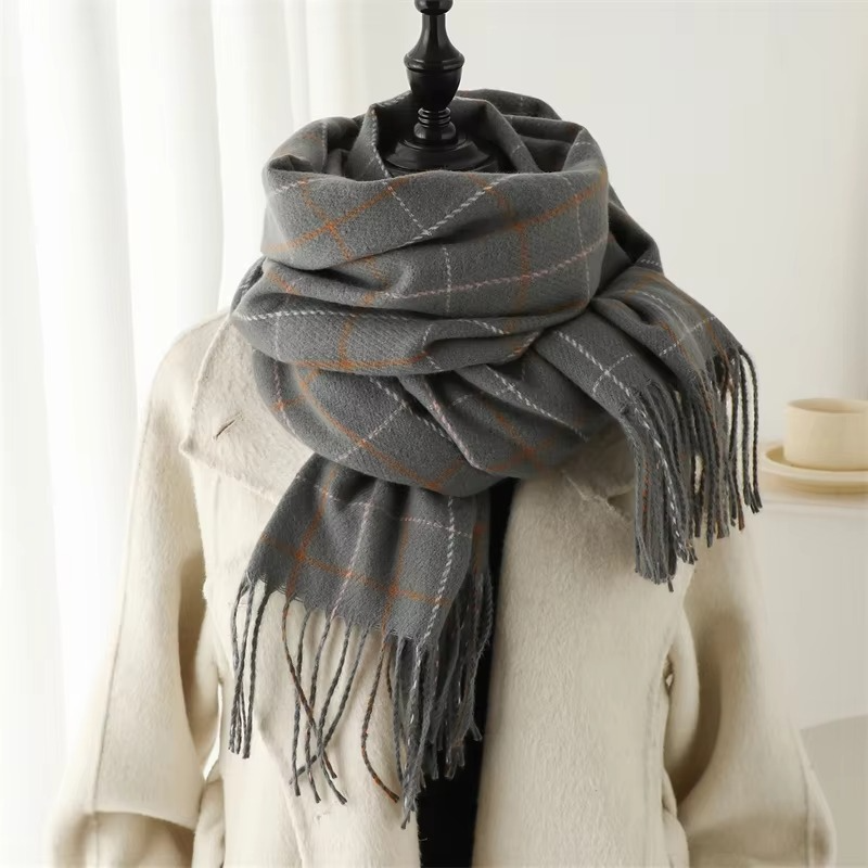 Women's thick cashmere-blend plaid winter scarf in warm tones with luxurious tassels