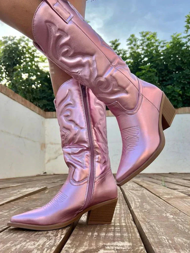Women's shiny western cowboy boots glossy mirror finish modern twist comfortable fit Clara style