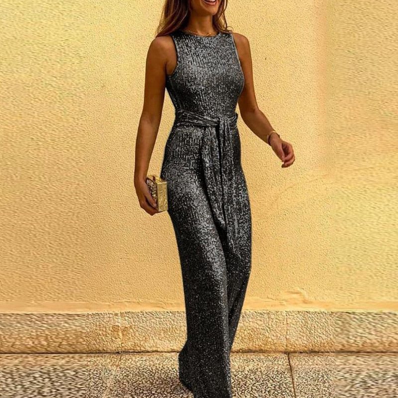 Women's silver sequin floor-length evening gown sleeveless fitted bodice flowing formal dress